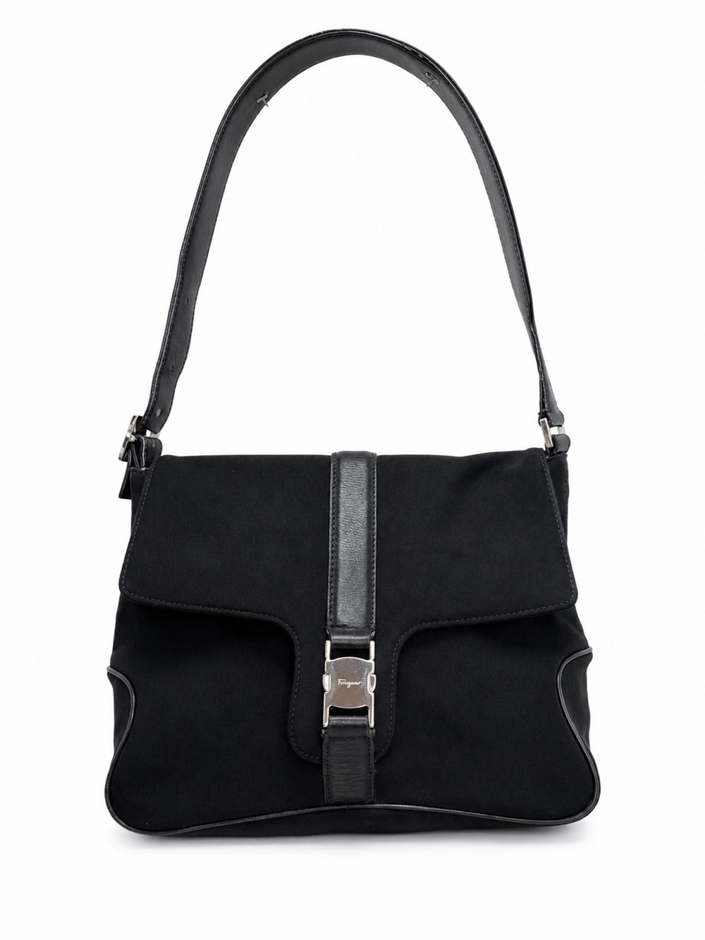 Salvatore Ferragamo AU-21-1784 Black Nylon Leather Gancini Shoulder Bag